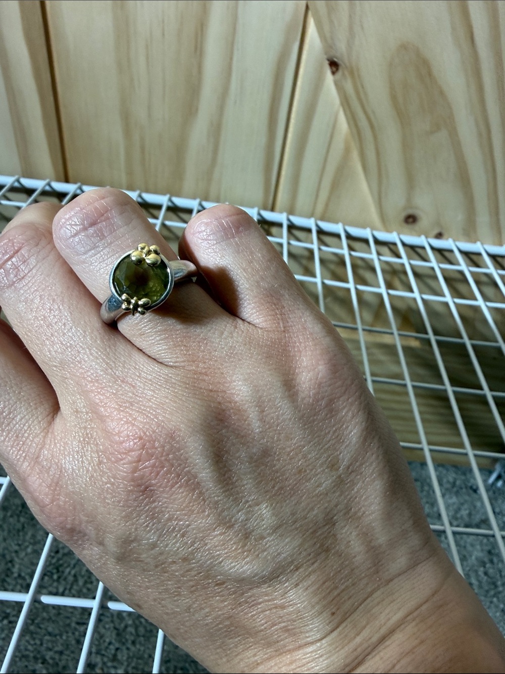 Two-Tone Silver Ring with Olive-Green Center Stone